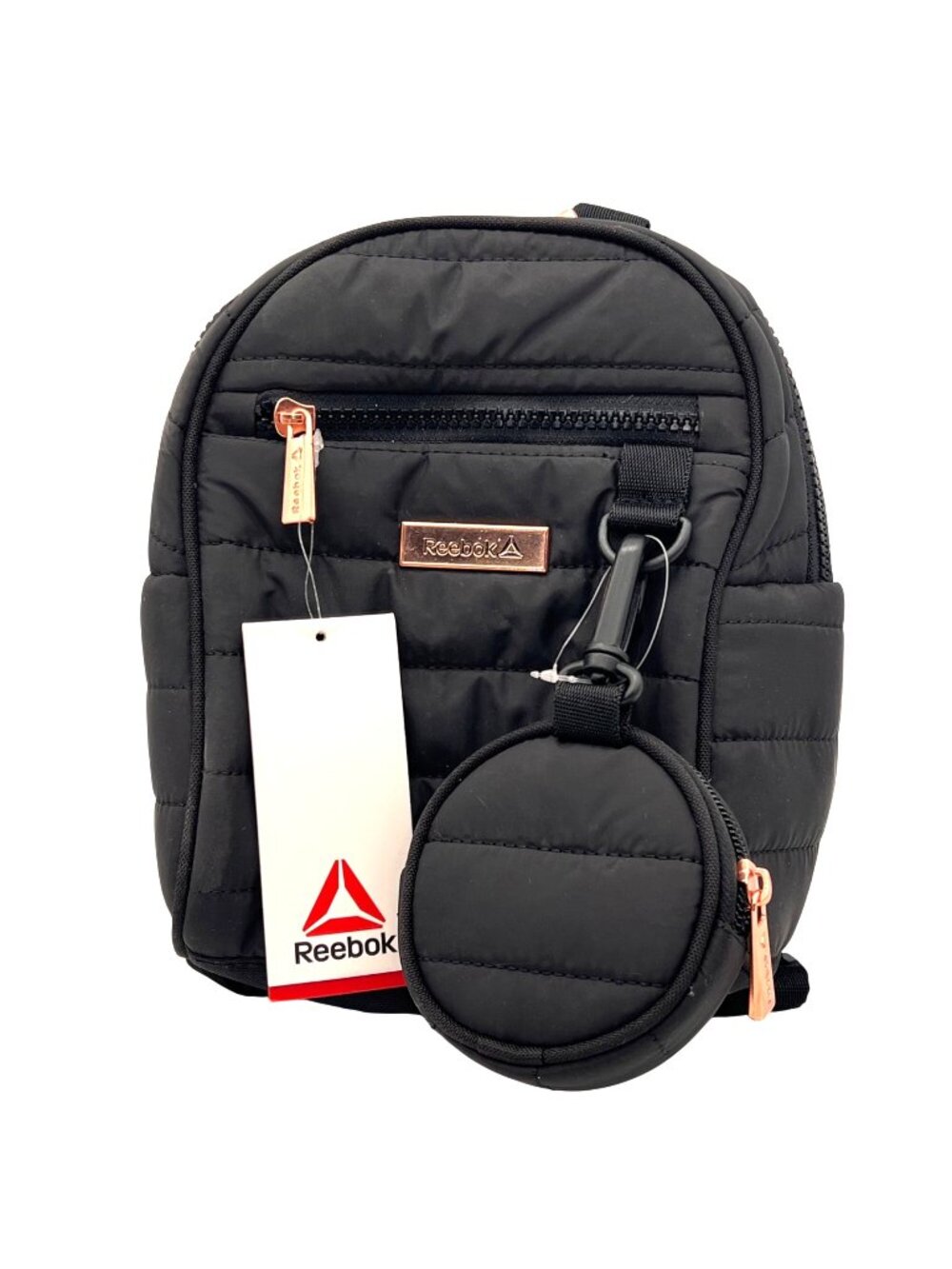 Reebok Luna Mini Backpack Black Quilted With Rose Gold Details & Coin Pouch NEW